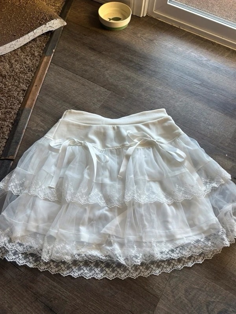 White Tiered Lace Tulle Skirt with Ribbon Detail